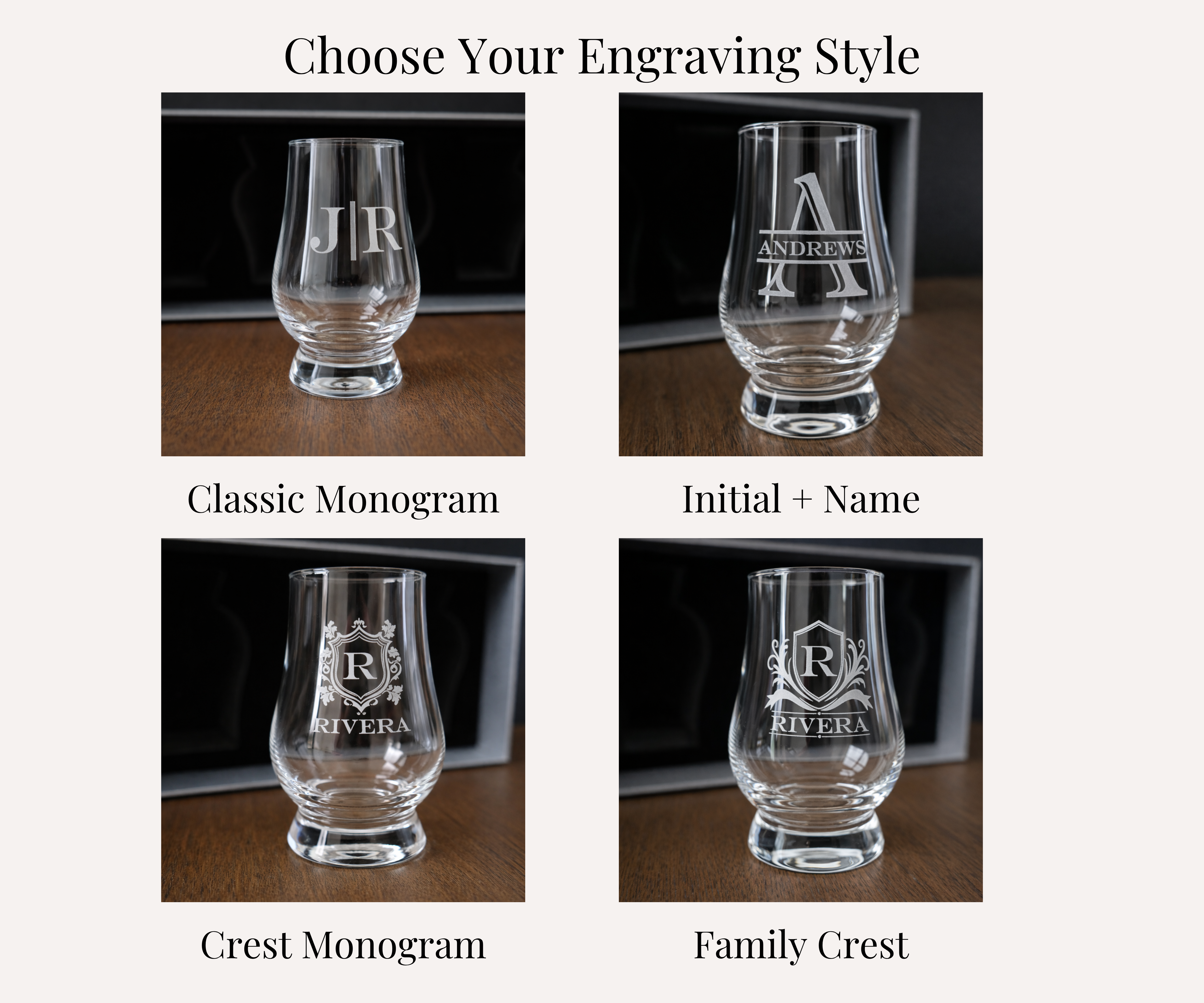 Personalized Whiskey Glass Set – Engraved Glencairn Style Glasses gift-ready set view
