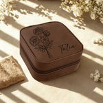 Dark brown personalized birth flower travel jewelry case with black engraving