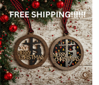 Two wooden Christmas ornaments with 'Merry Christmas' text on a festive background with free shipping text.
