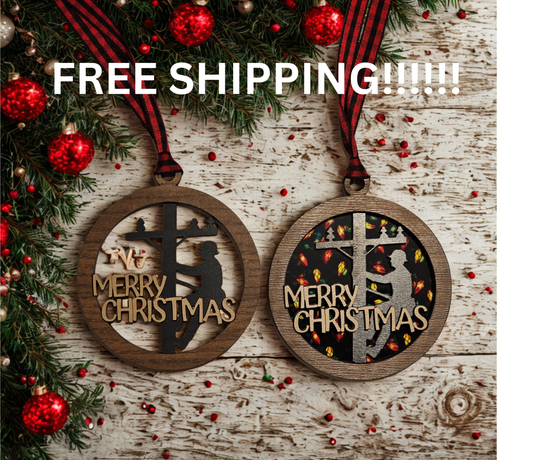 Two wooden Christmas ornaments with 'Merry Christmas' text on a festive background with free shipping text.