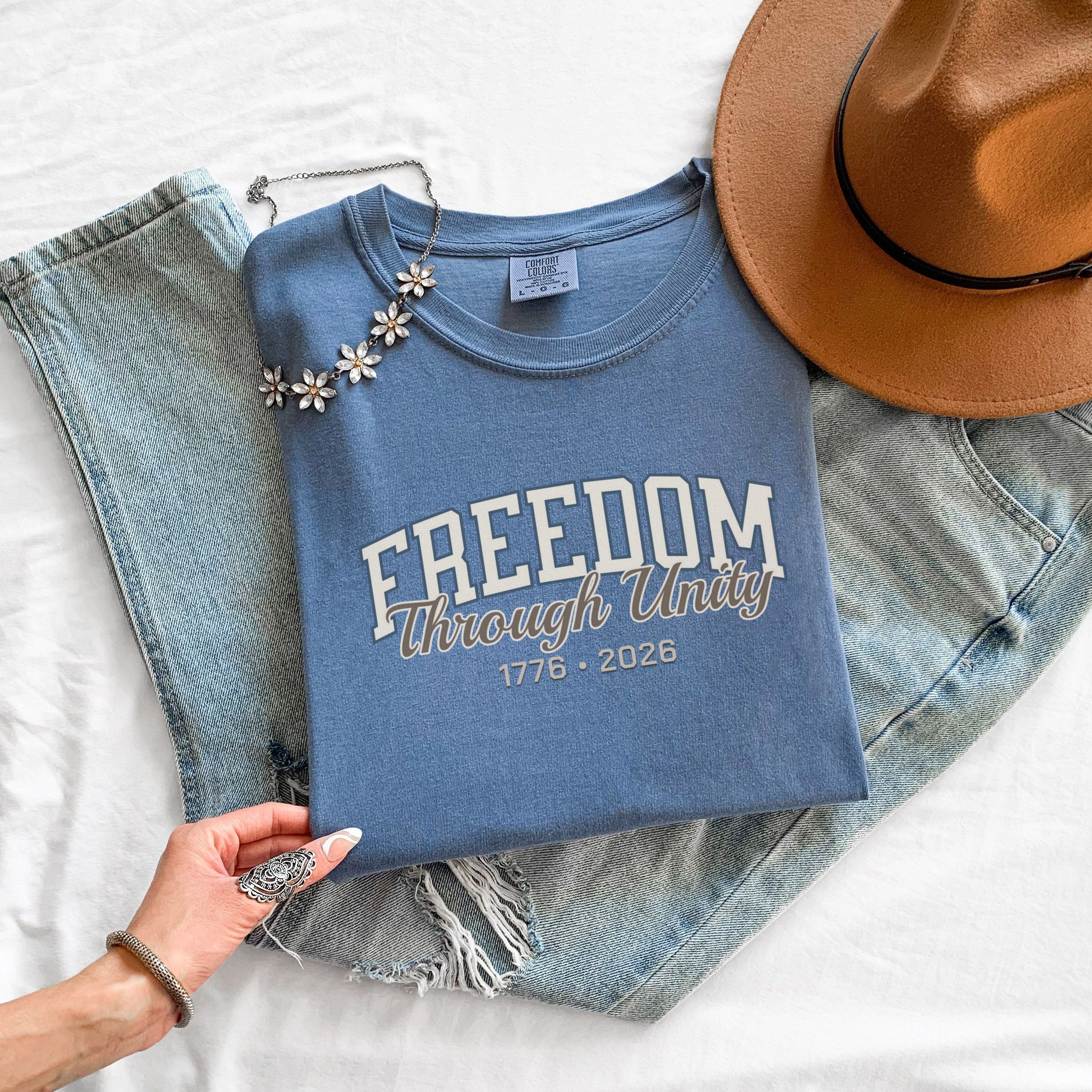 America 250 Freedom Shirt – 1776 2026 Patriotic Comfort Colors Tee in Chambray shirt color