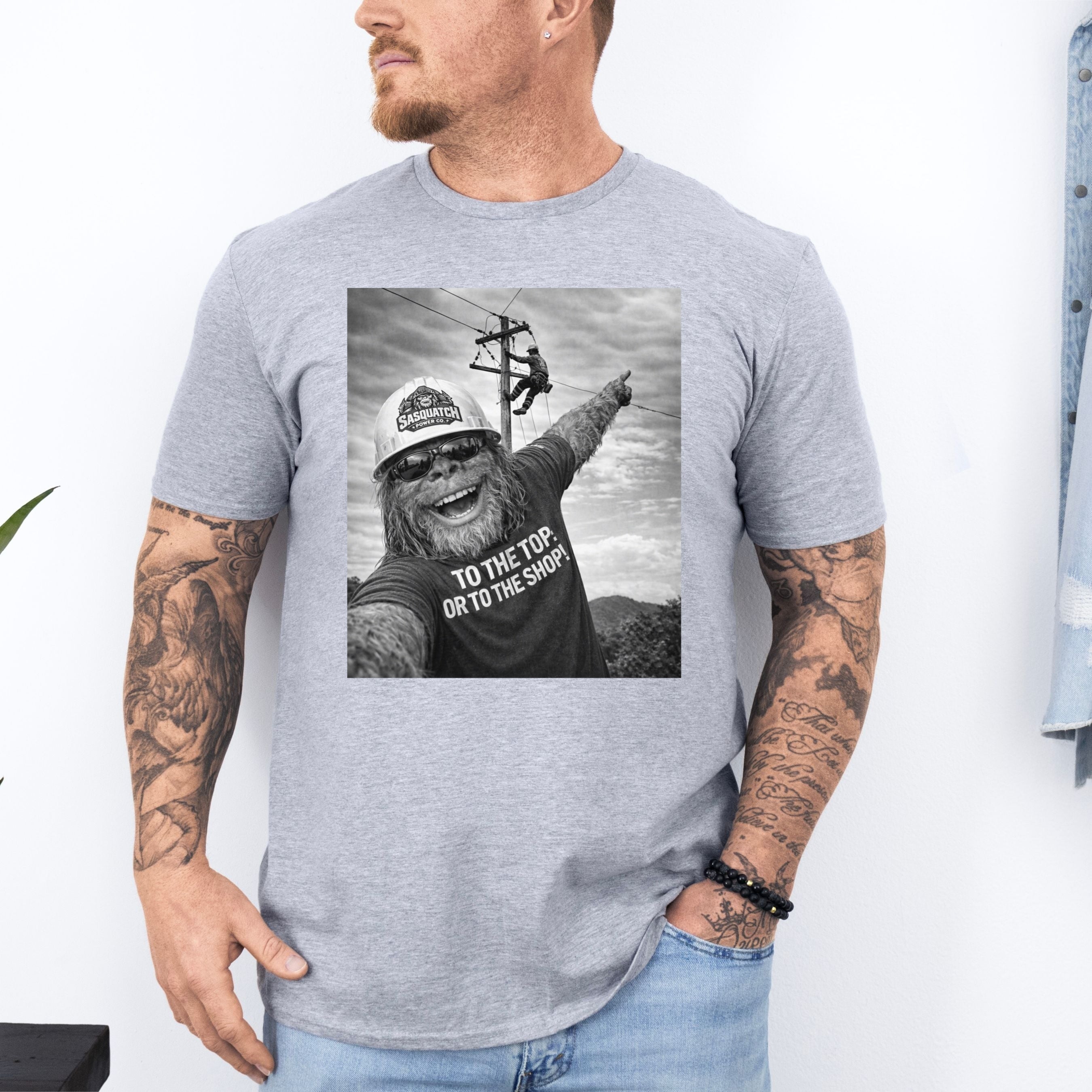 Funny Lineman Shirt - Sasquatch Selfie Tee for Lineworkers in Black shirt color