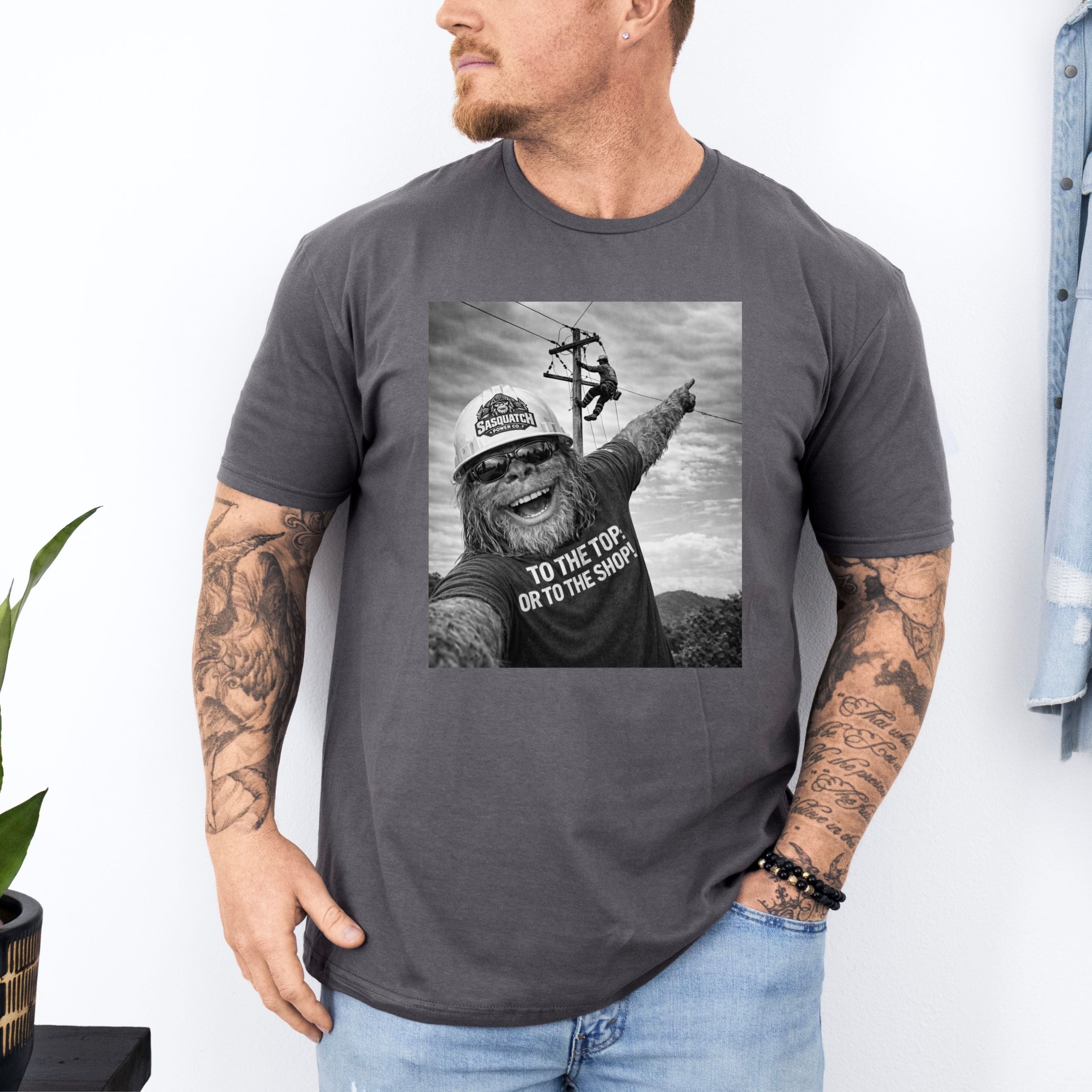 Funny Lineman Shirt - Sasquatch Selfie Tee for Lineworkers in White shirt color