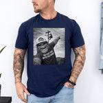 Funny Lineman Shirt - Sasquatch Selfie Tee for Lineworkers in Navy shirt color