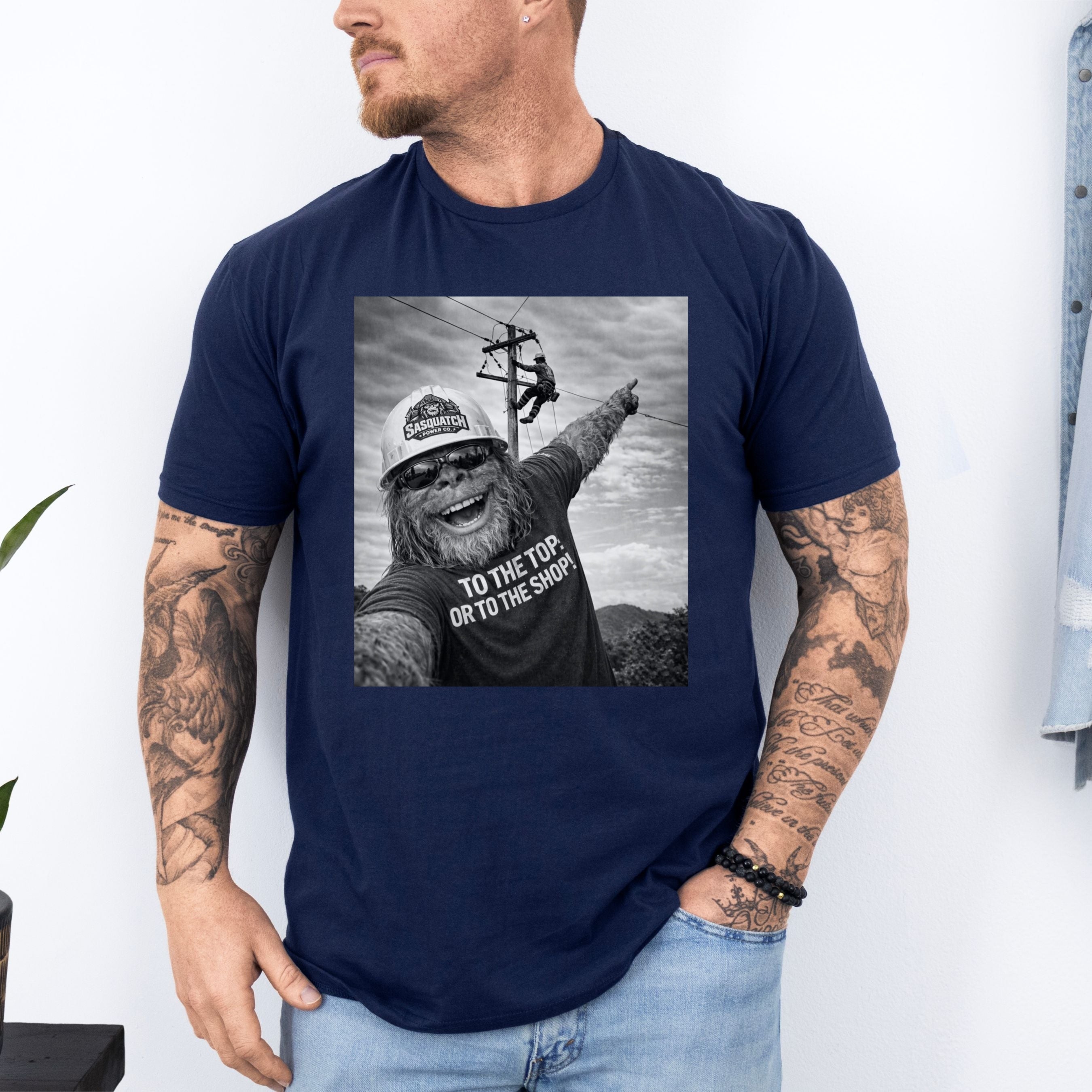 Funny Lineman Shirt - Sasquatch Selfie Tee for Lineworkers in Navy shirt color