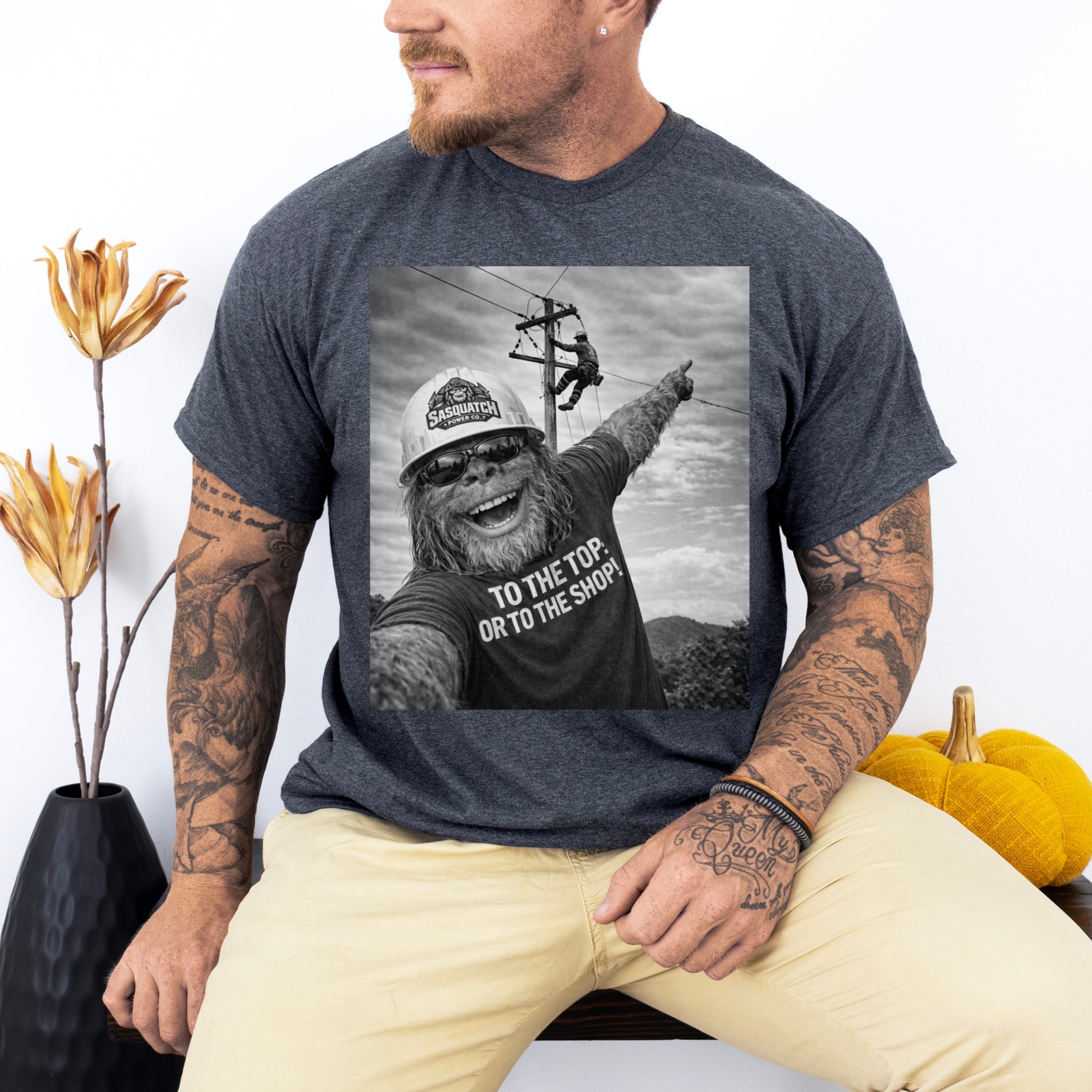 Funny Lineman Shirt - Sasquatch Selfie Tee for Lineworkers in Dark Heather shirt color
