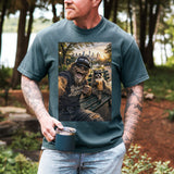 Funny Raccoon Bigfoot Shirt in Blue Jean shirt color