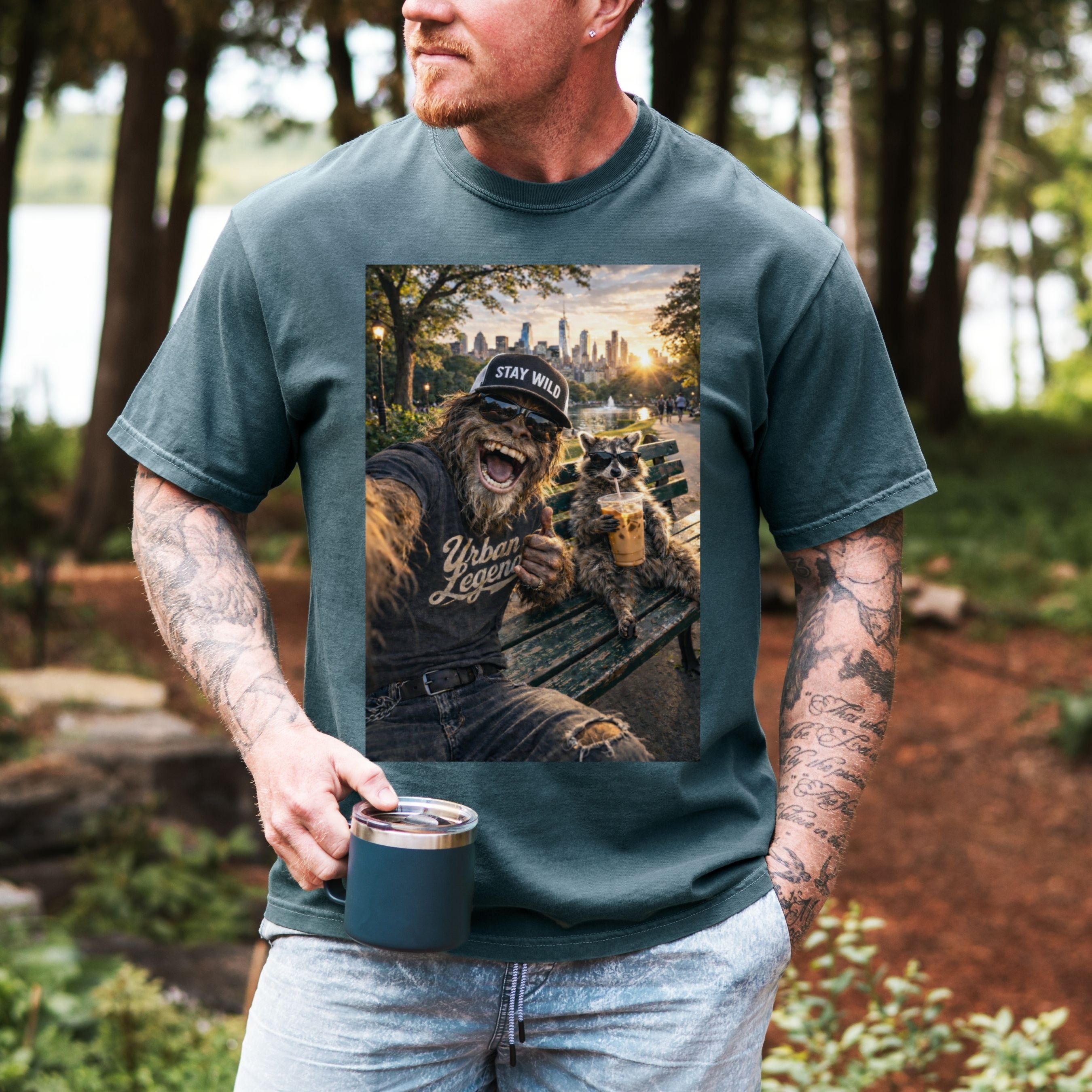 Funny Raccoon Bigfoot Shirt in Blue Jean shirt color