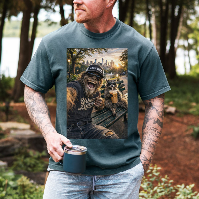 Funny Raccoon Bigfoot Shirt in Blue Jean shirt color
