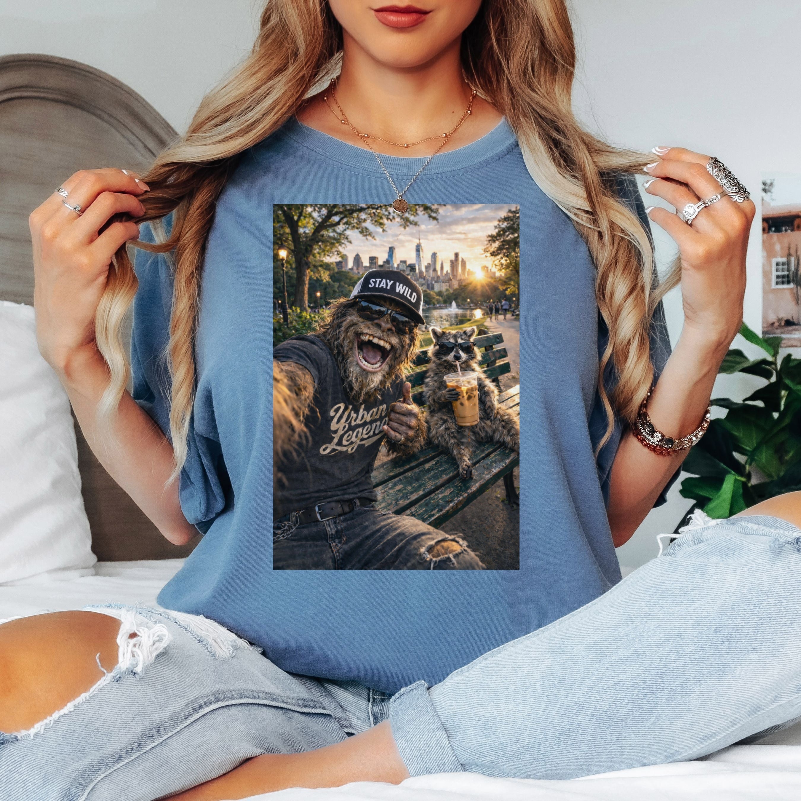 Funny Raccoon Bigfoot Shirt in Blue Spruce shirt color