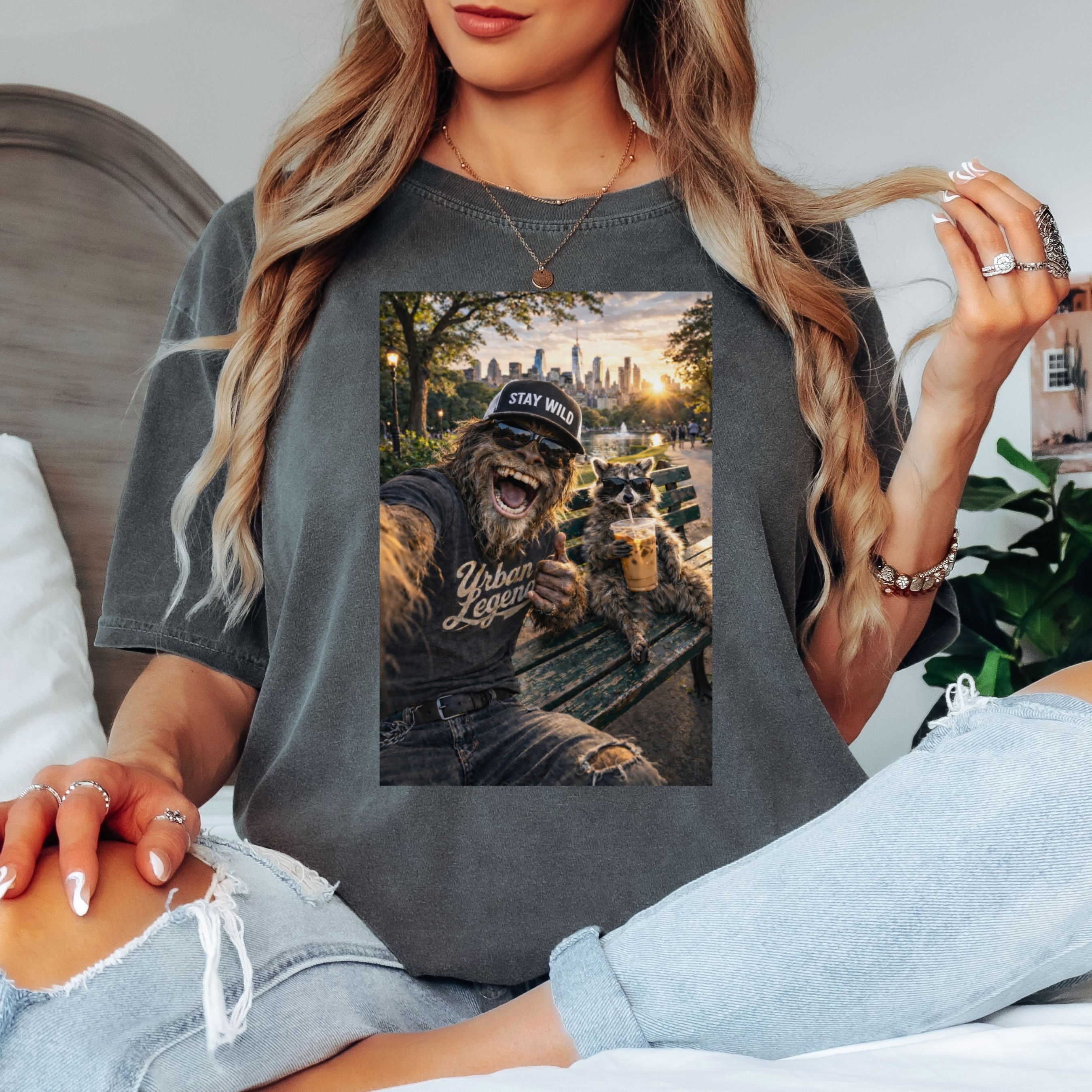 Funny Raccoon Bigfoot Shirt in Blossom shirt color