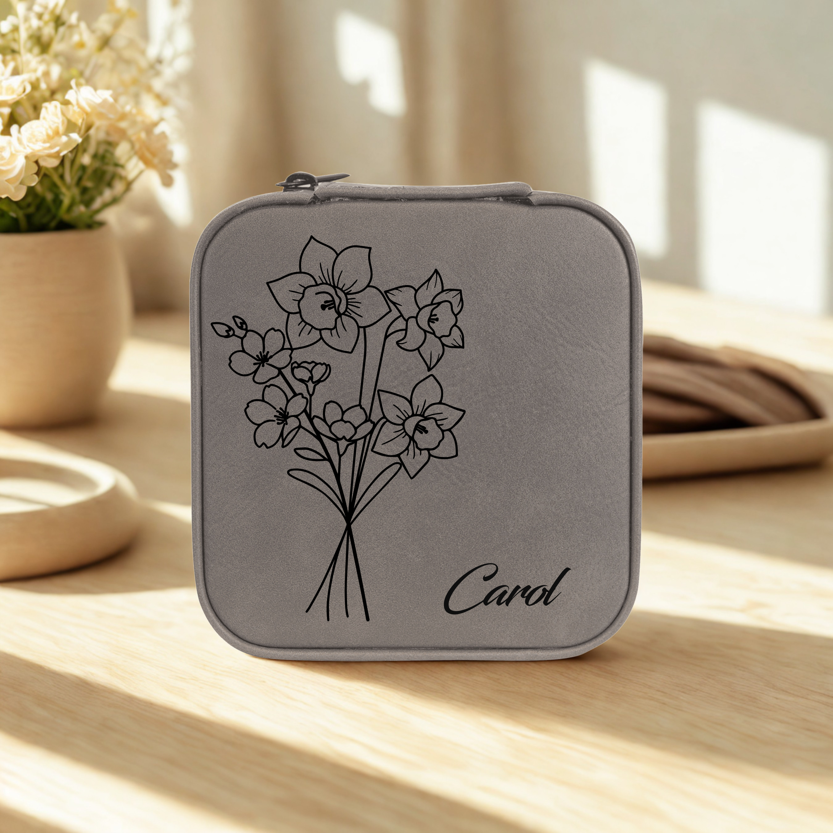 Grey personalized travel jewelry case with floral birth month design and name