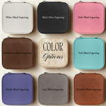 Color options for personalized travel jewelry case including rawhide dark brown black white pink teal purple and grey