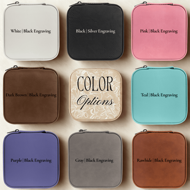 Color options for personalized travel jewelry case including rawhide dark brown black white pink teal purple and grey