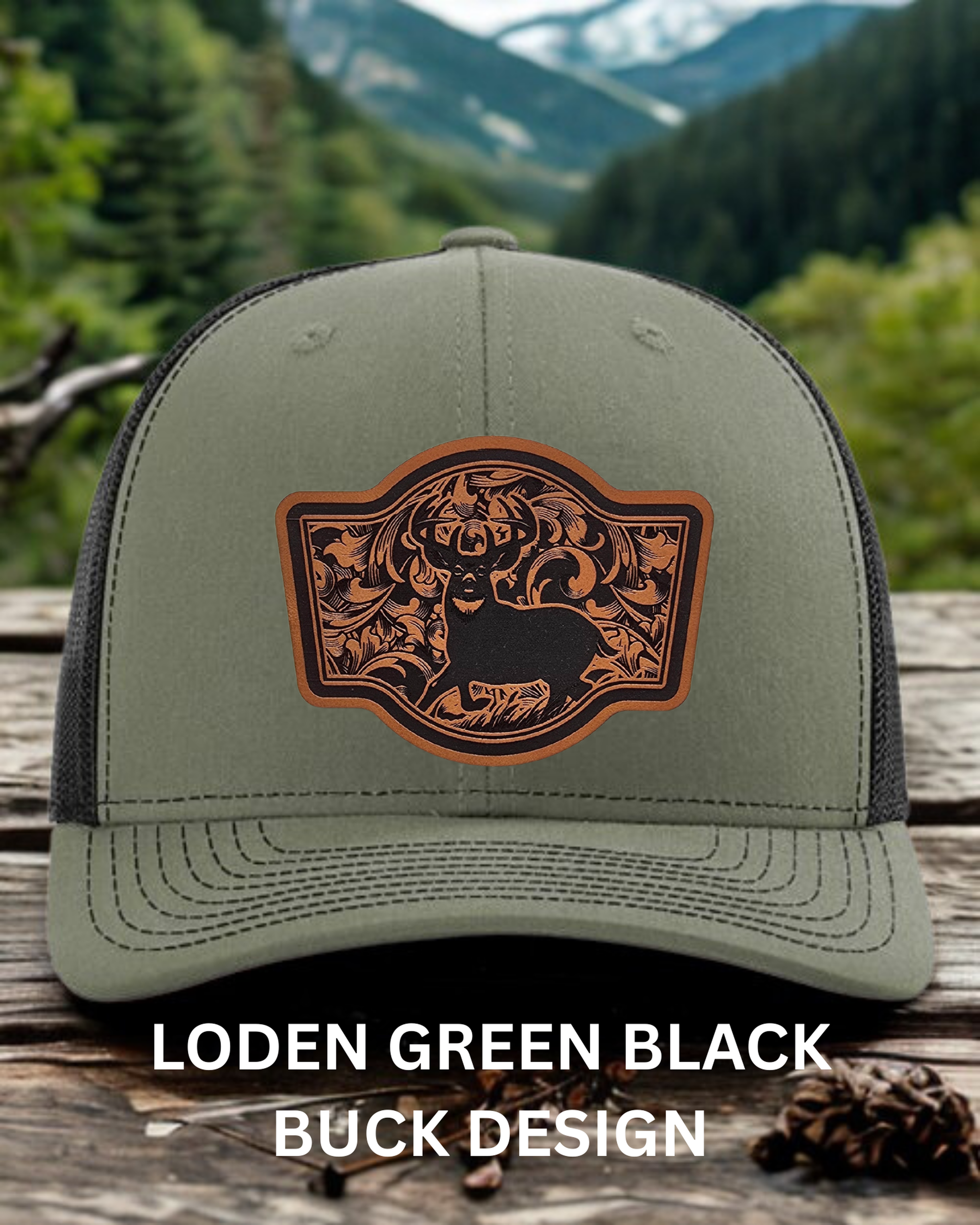 Green cap with buck design on a wooden surface with a forest background