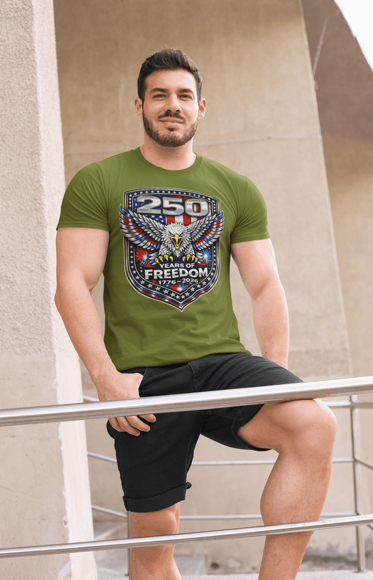 America 250 Shirt – Patriotic Eagle USA Flag Tee in Dark Heather shirt color