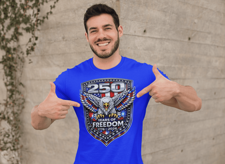 America 250 Shirt – Patriotic Eagle USA Flag Tee in Black shirt color