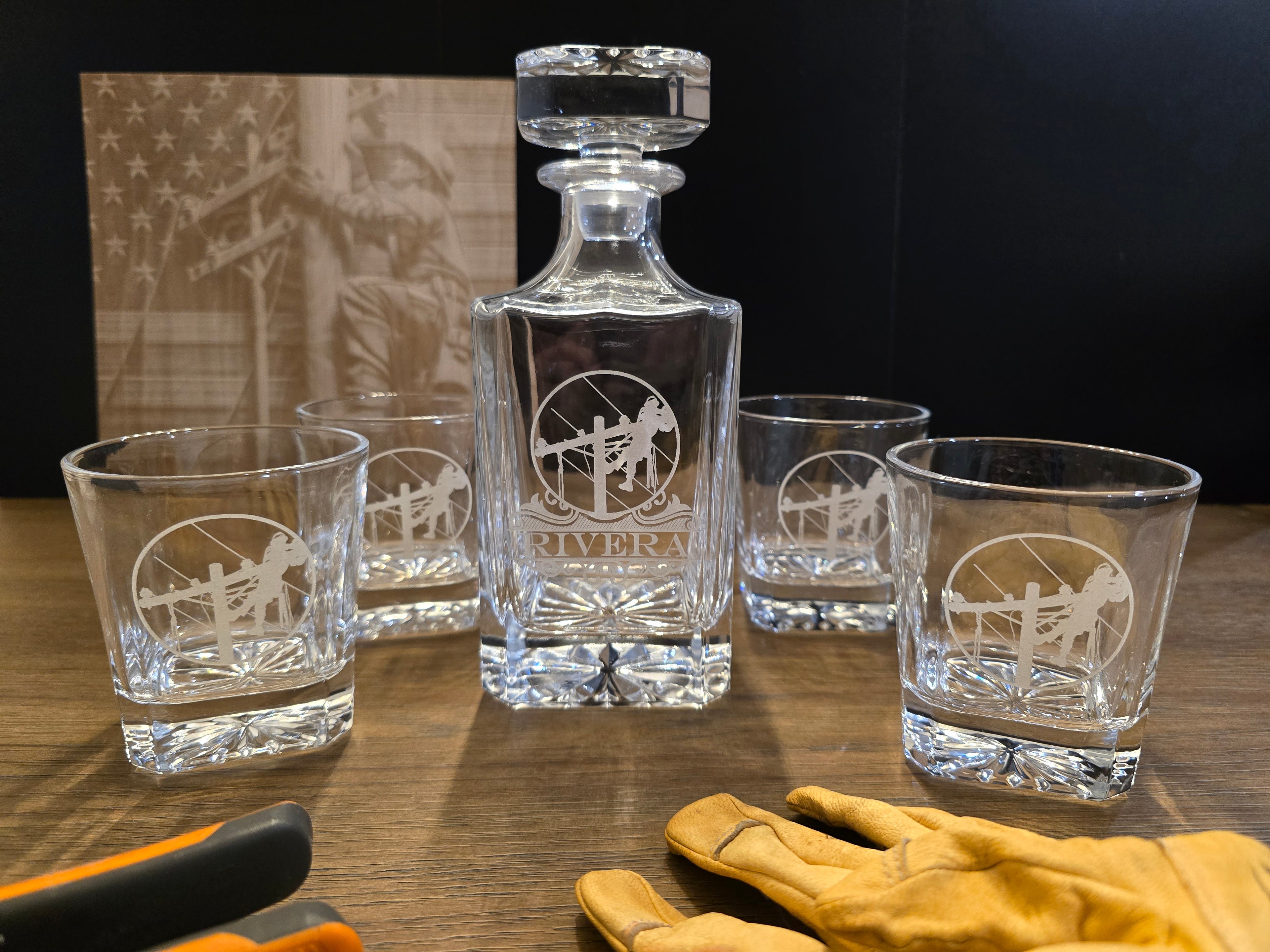 Lineman Gift, Personalized Decanter Set, Line gear, electrical lineman, journeyman lineman, power lineman, personalized gift, personalised gifts,wedding gifts for couples, customized gifts,personalized gifts for him