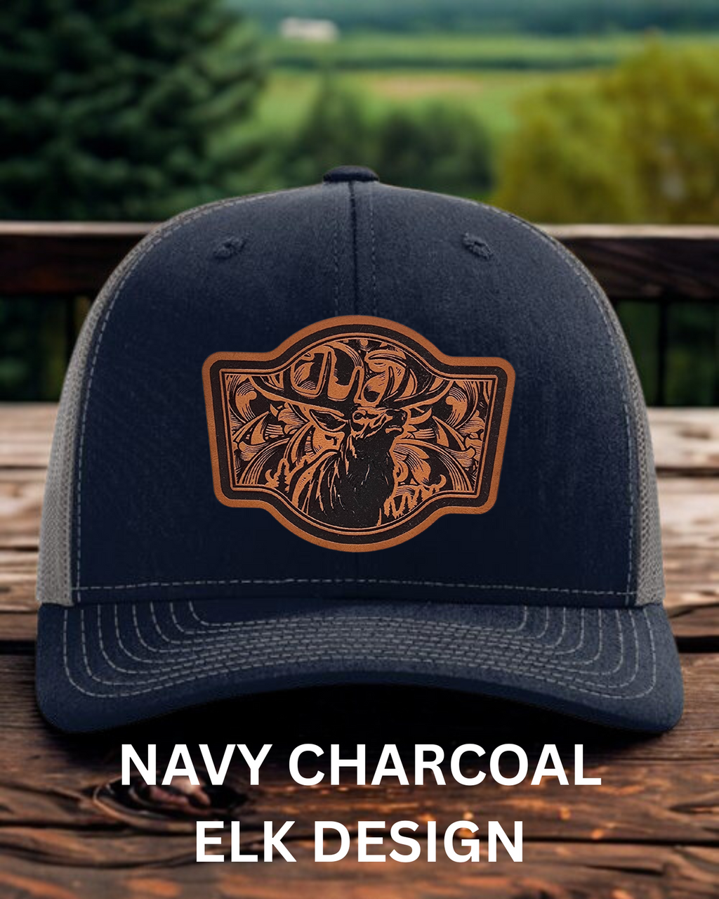 Navy charcoal cap with elk design on a wooden surface with a natural background