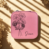 Pink personalized travel jewelry case with birth flower design and name