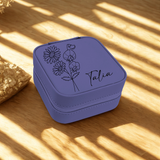 Purple personalized birth flower travel jewelry case with custom name
