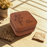Rawhide personalized birth flower jewelry travel case with custom name