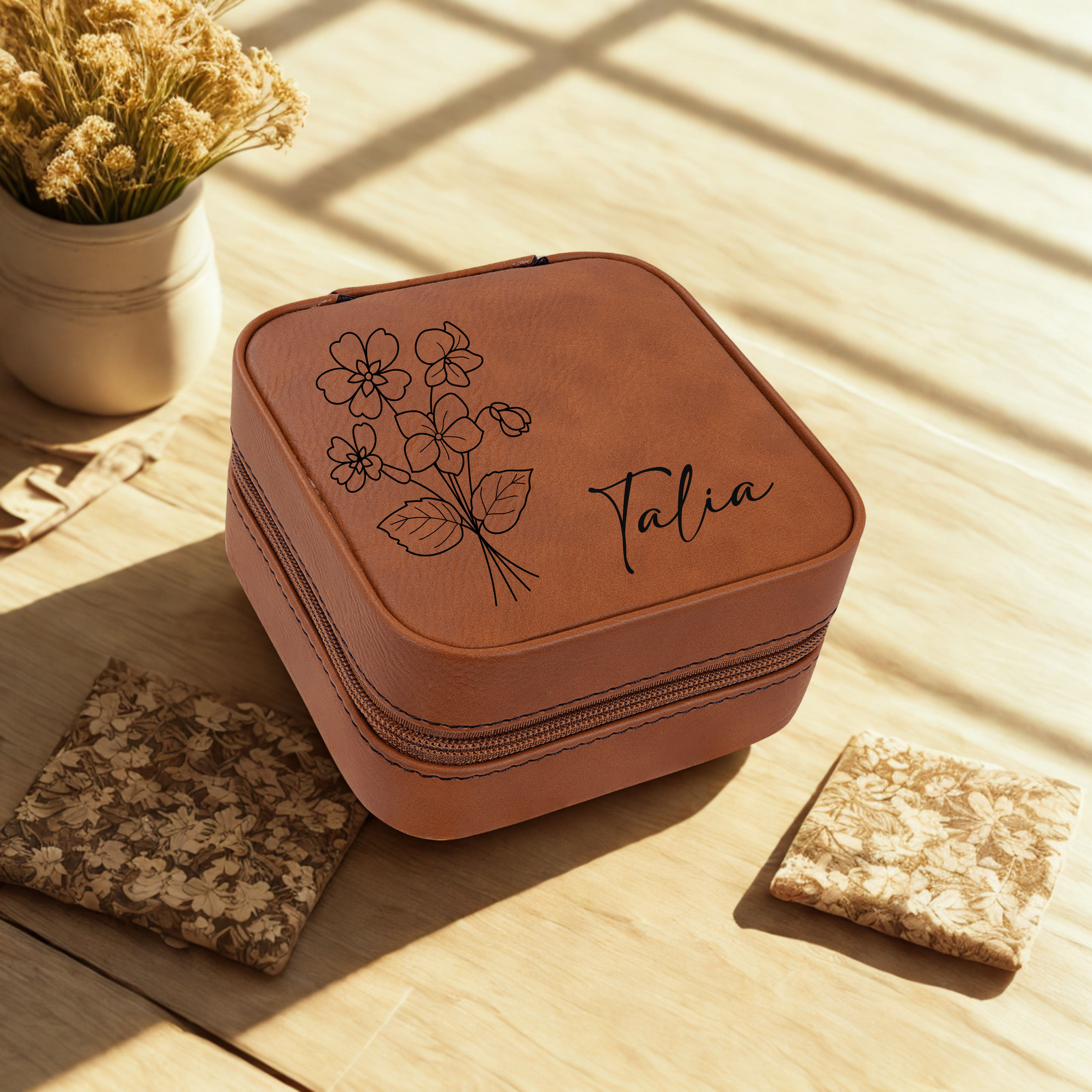 Rawhide personalized birth flower jewelry travel case with custom name