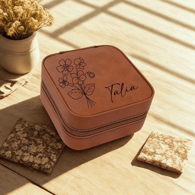 Rawhide personalized birth flower jewelry travel case with custom name