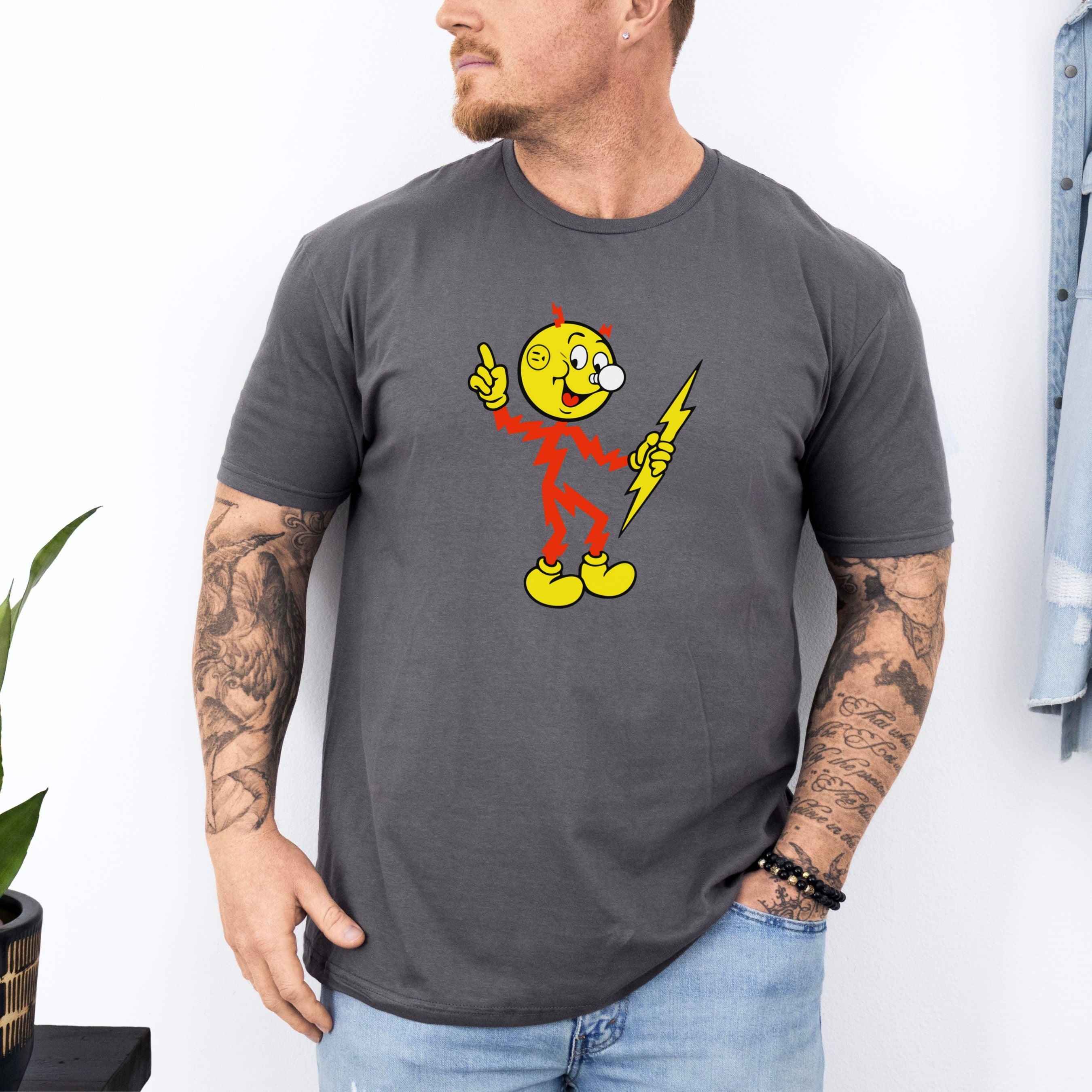 Reddy Kilowatt Shirt – Vintage Electrician Lineman Graphic Tee in Sport Grey shirt color