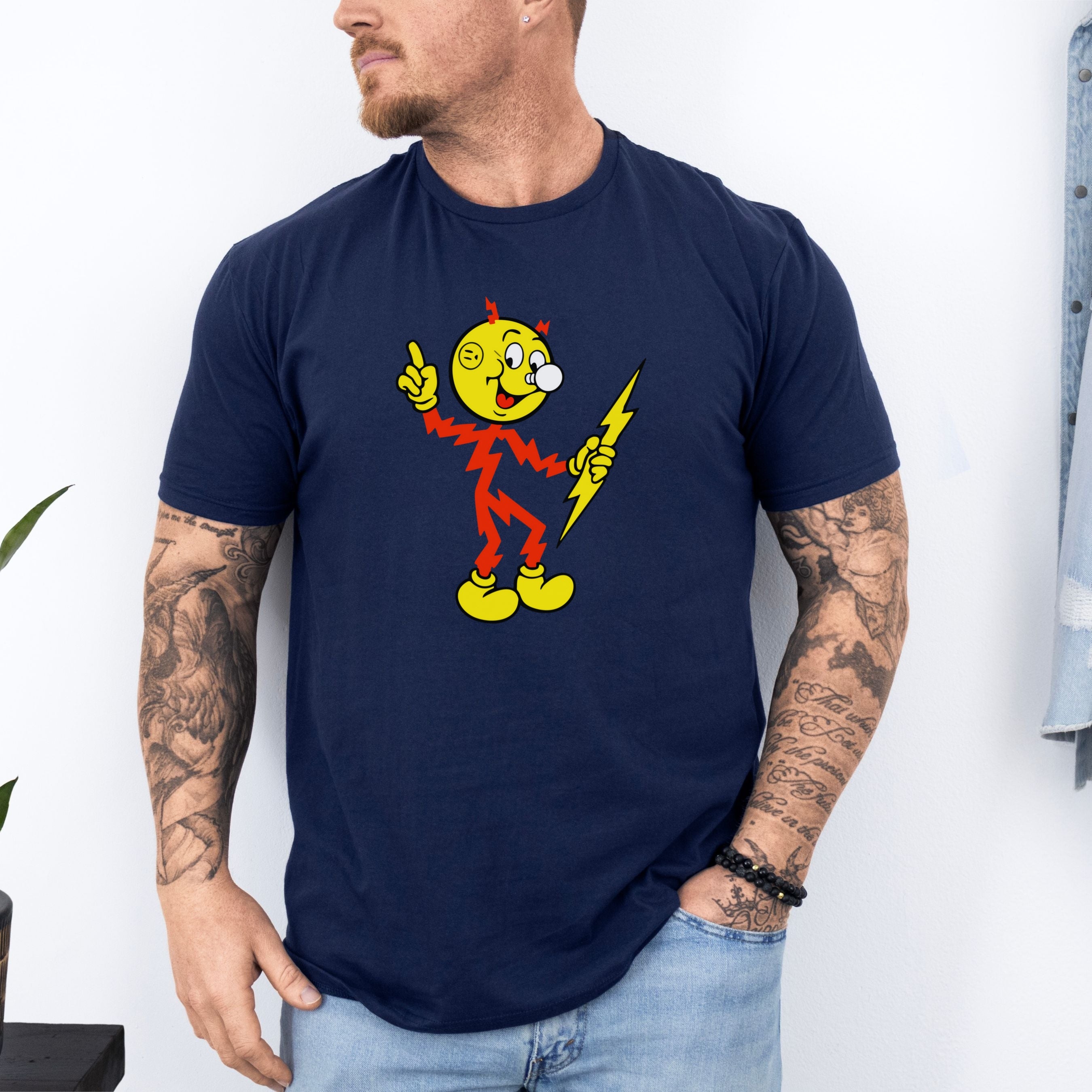 Reddy Kilowatt Shirt – Vintage Electrician Lineman Graphic Tee in Royal shirt color