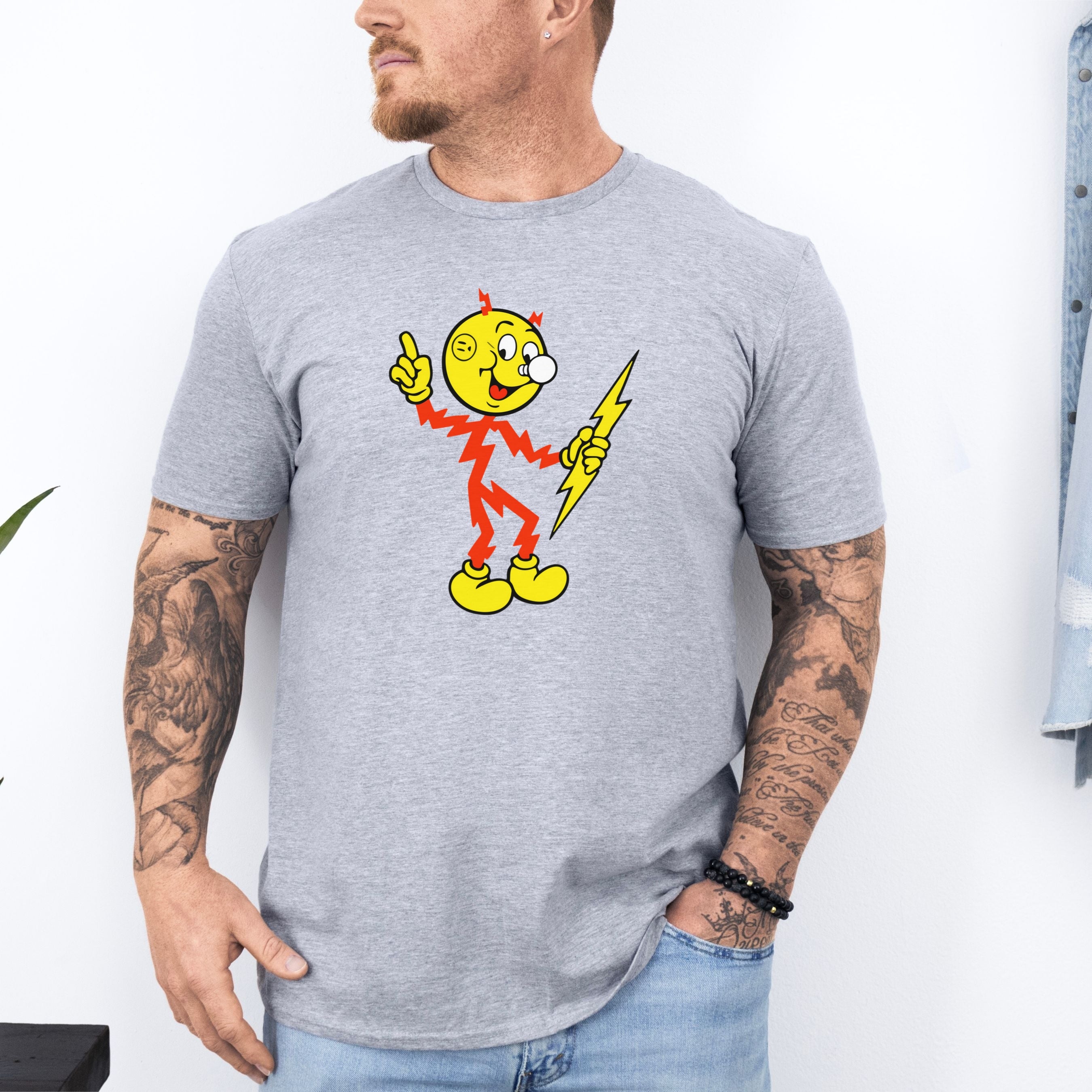 Reddy Kilowatt Shirt – Vintage Electrician Lineman Graphic Tee in Charcoal shirt color