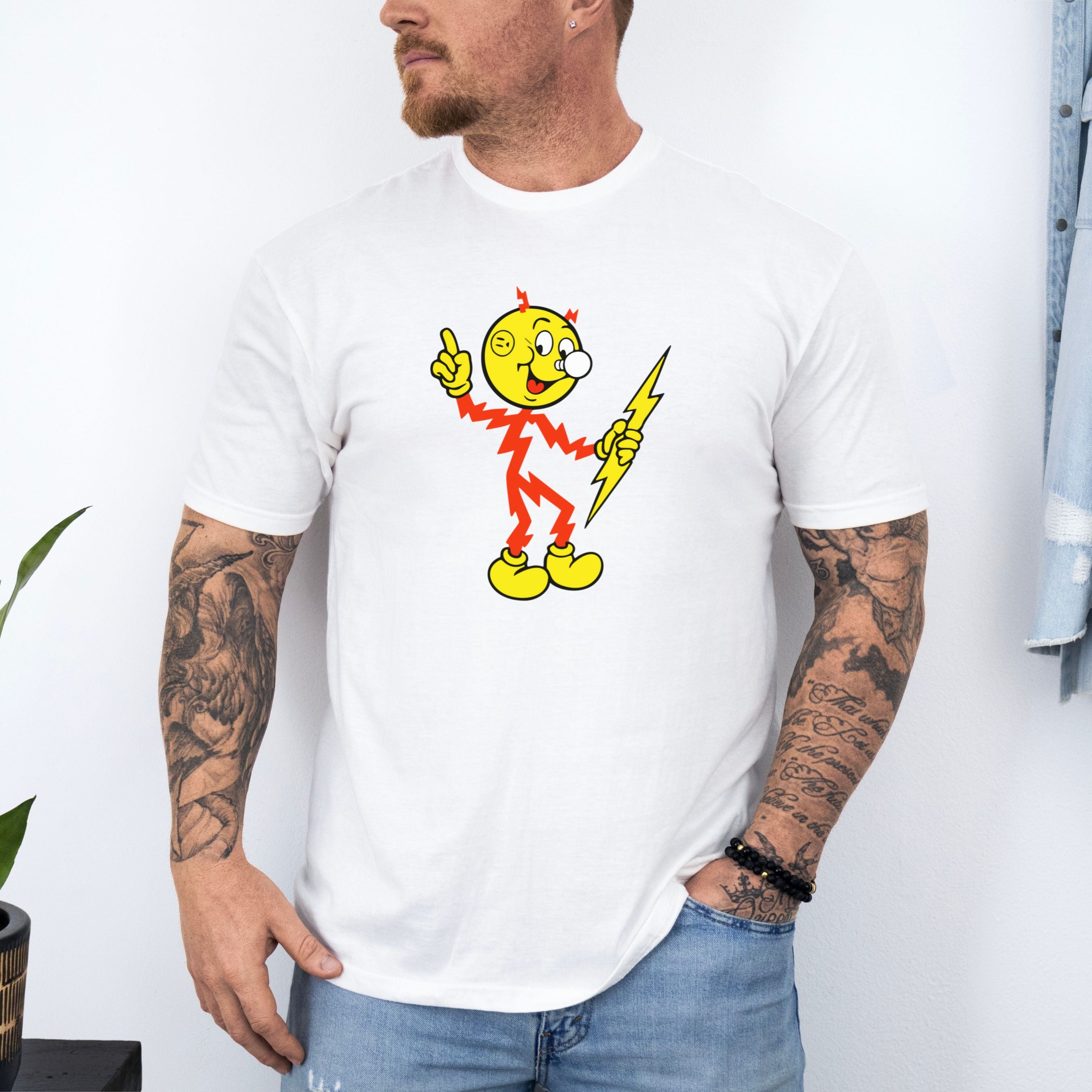 Reddy Kilowatt Shirt – Vintage Electrician Lineman Graphic Tee in Black shirt color