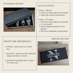 Gift box options graphic showing the standard black gift box, printed gift box upgrade, and the difference between a plain gift box and UV printed lid for a personalized whiskey glass set.