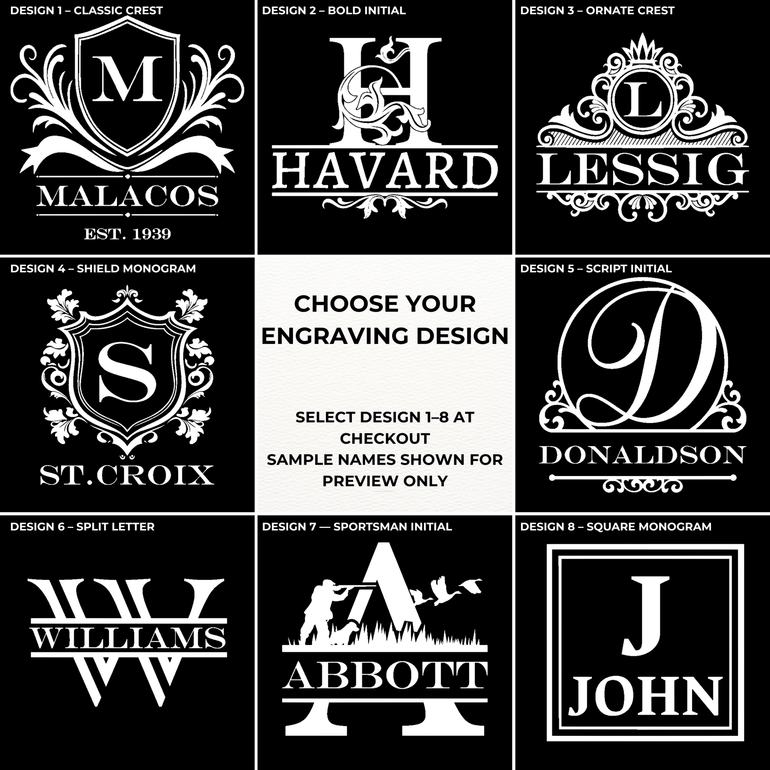 Custom monogram design options for personalized decanter set