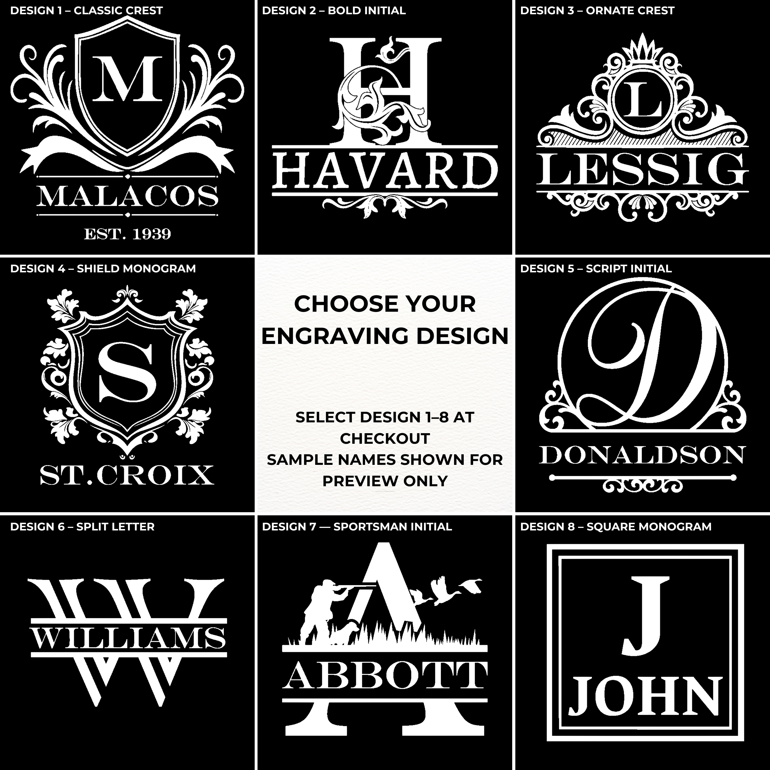 Engraving design guide showing eight personalized whiskey decanter monogram styles with classic crest, bold initial, ornate crest, shield, script, split letter, sportsman, and square monogram options.