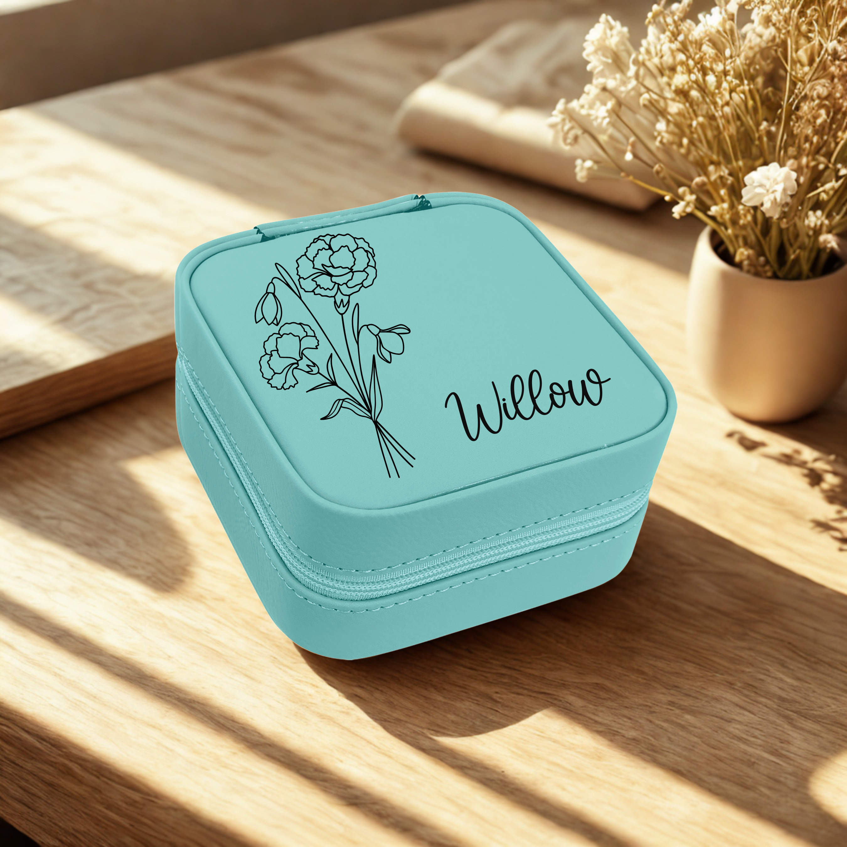 Teal personalized jewelry travel case with birth flower and name