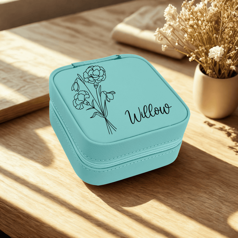 Teal personalized jewelry travel case with birth flower and name
