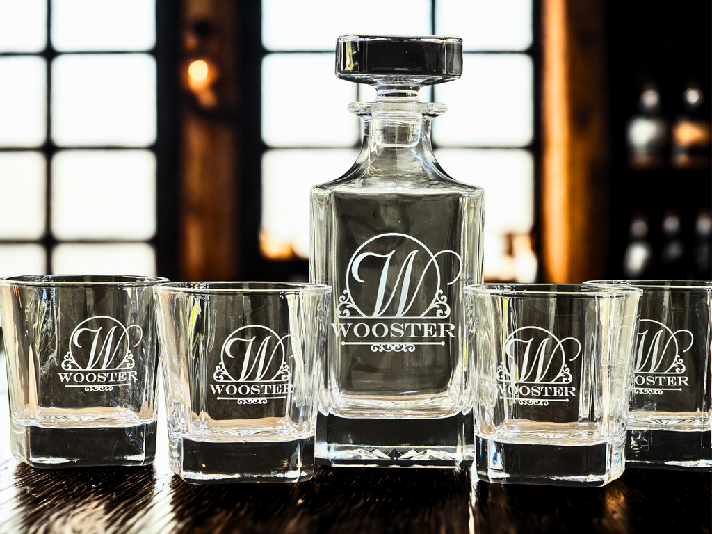 Engraved Whiskey Decanter Set 750ml Rocks Glasses Custom Monogram Gift Groomsmen Wedding Anniversary