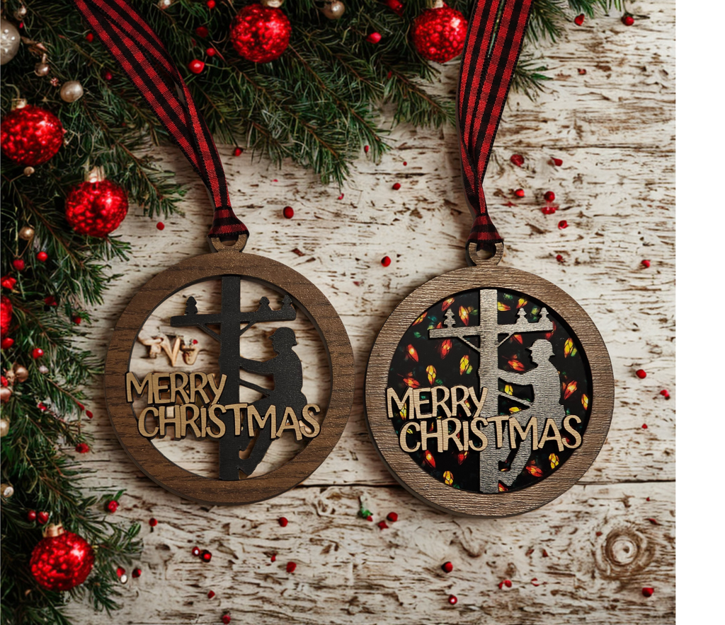 Two wooden Christmas ornaments with 'Merry Christmas' text on a festive background.