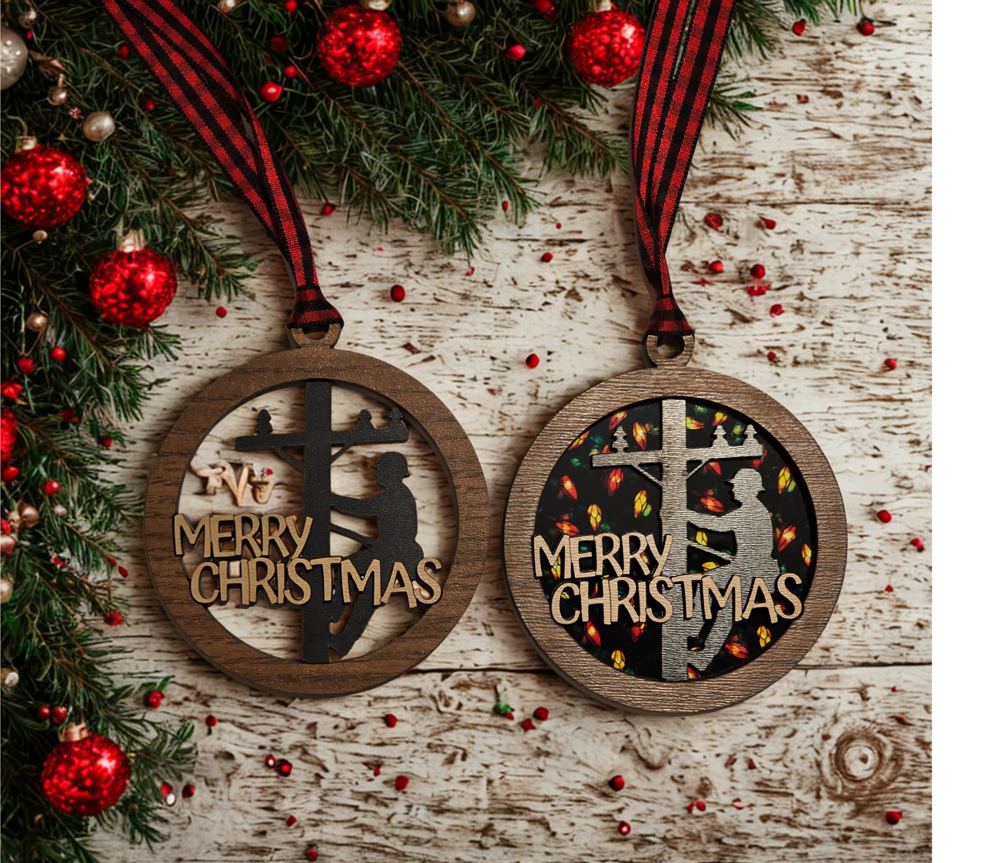 Two wooden Christmas ornaments with 'Merry Christmas' text on a festive background.