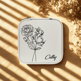 White personalized birth flower jewelry travel case with custom name
