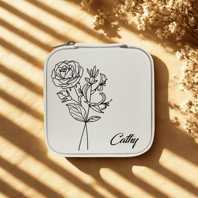 White personalized birth flower jewelry travel case with custom name
