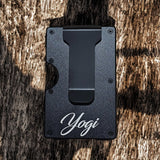 Back side of black lineman wallet showing personalized name engraving on the money clip