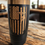 Black Lineman’s Prayer tumbler with engraved American flag and utility pole design