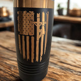 Black Lineman’s Prayer tumbler with engraved American flag and utility pole design