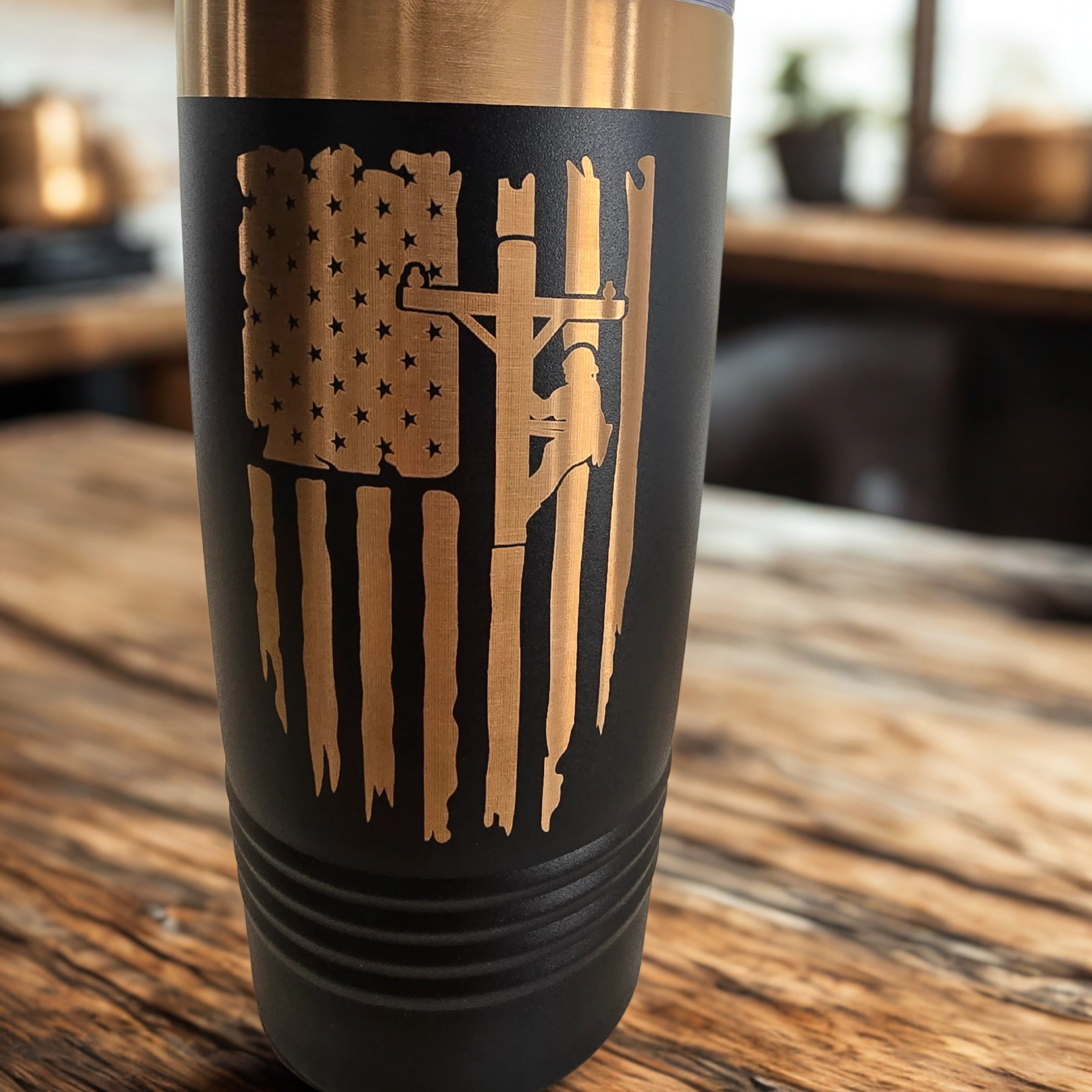 Black Lineman’s Prayer tumbler with engraved American flag and utility pole design