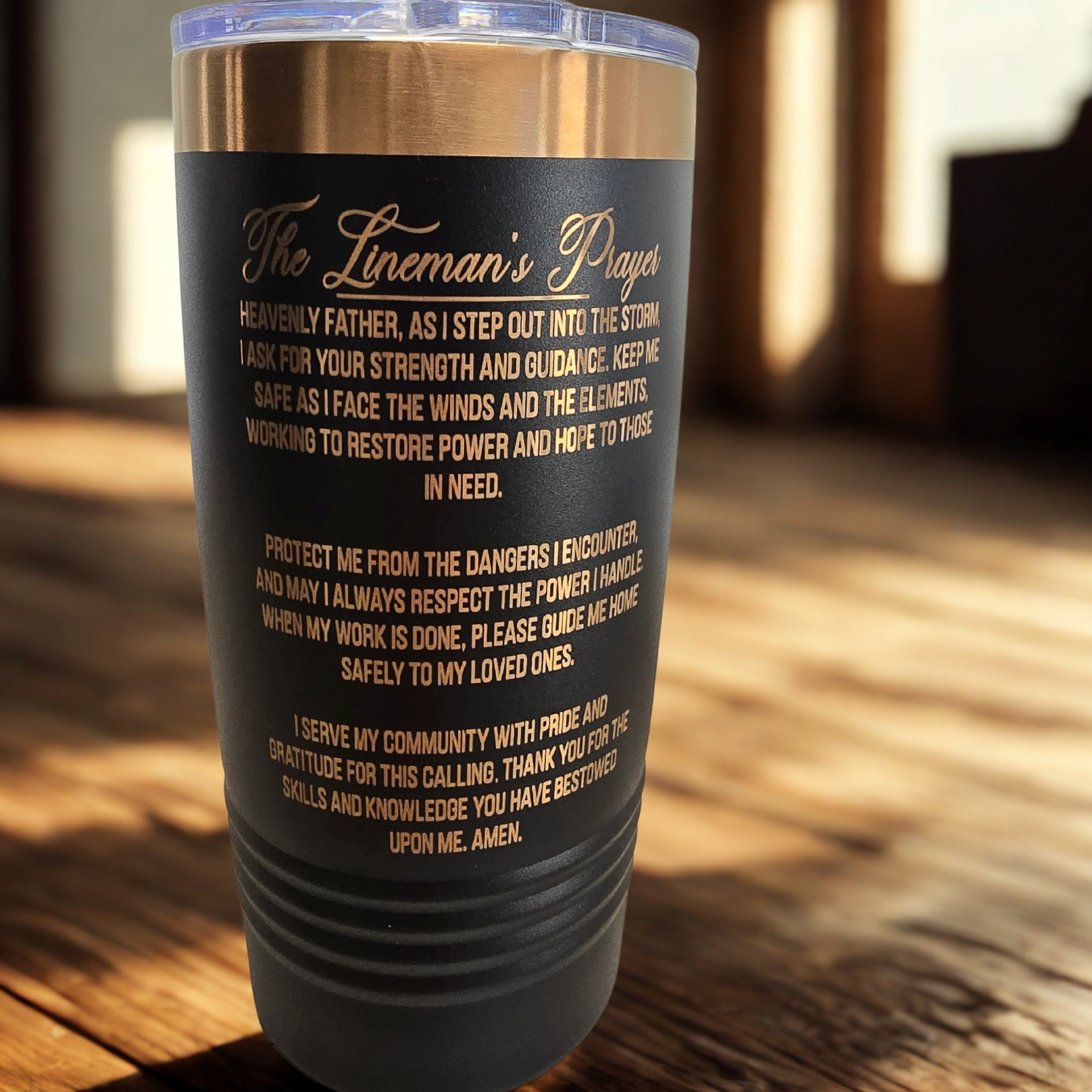 Black Lineman’s Prayer tumbler showing engraved prayer text on the back