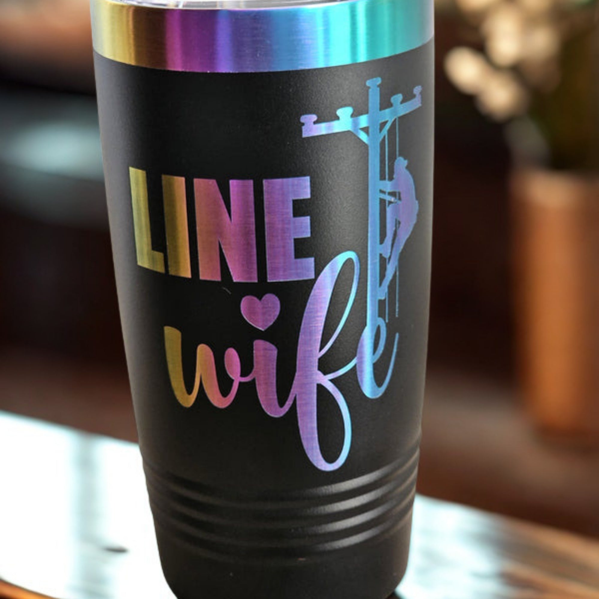 Black Linewife insulated prism tumbler with colorful reflective design