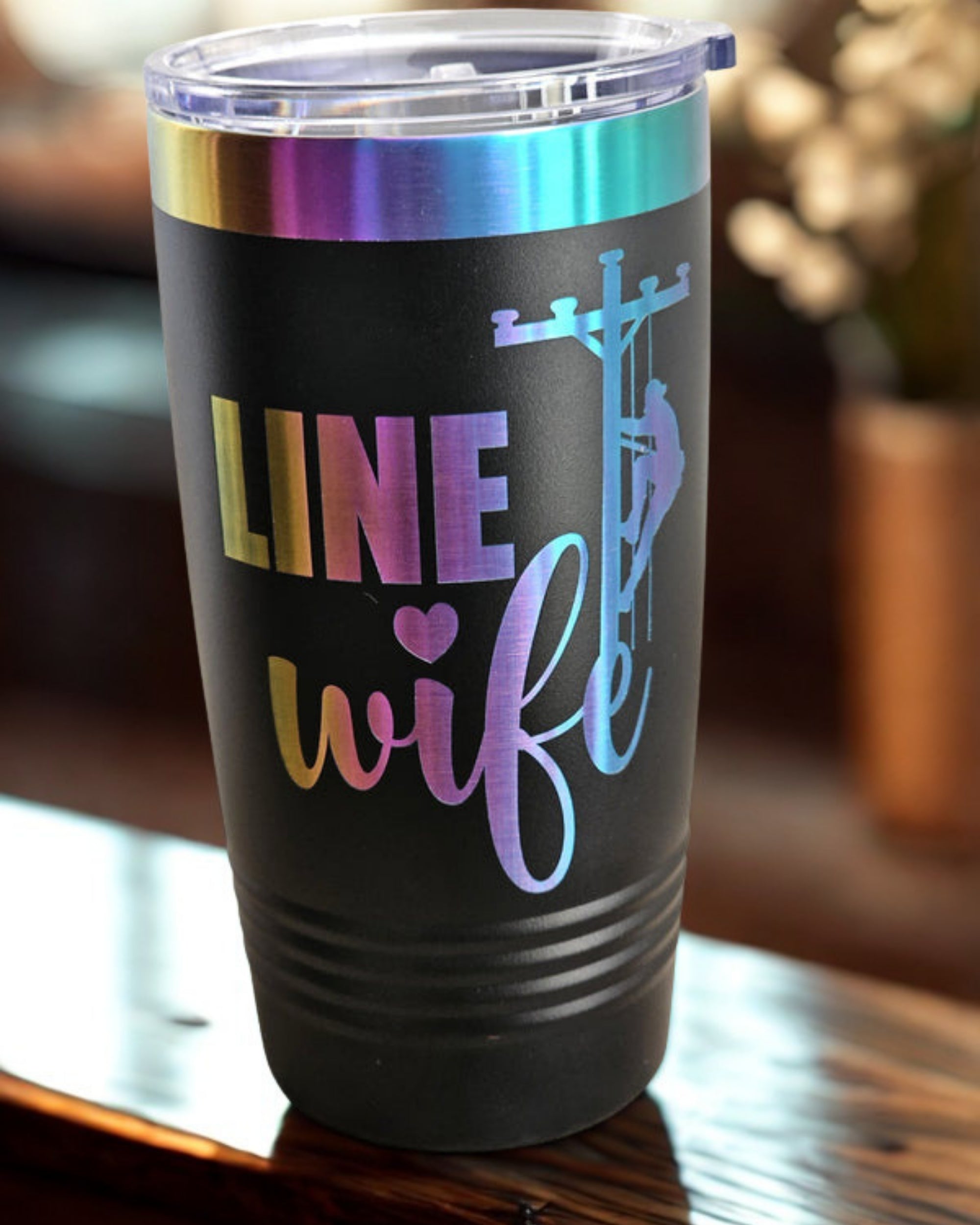 Black Linewife insulated prism tumbler with colorful reflective design