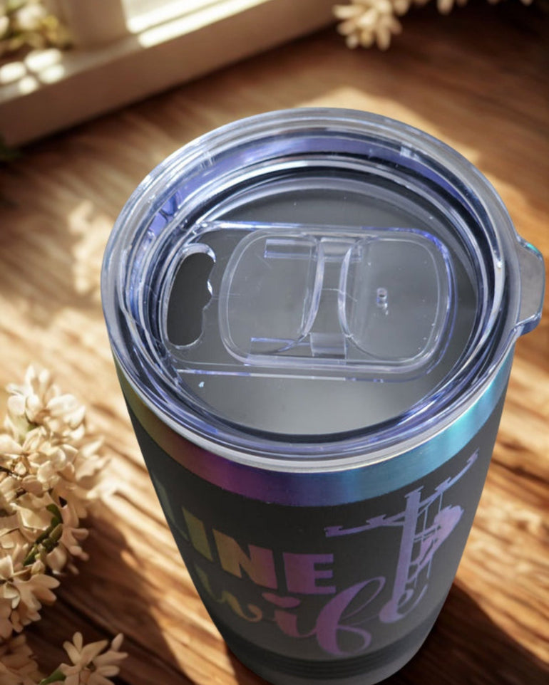 Top view of black Linewife insulated tumbler with clear slip-on lid